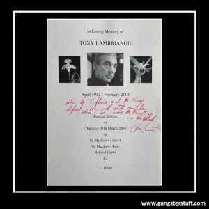 CHRIS LAMBRIANOU SIGNED FUNERAL ORDER OF SERVICE