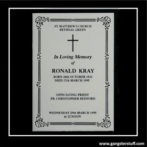 ORIGINAL RON KRAY FUNERAL ORDER OF SERVICE CARD (1995)