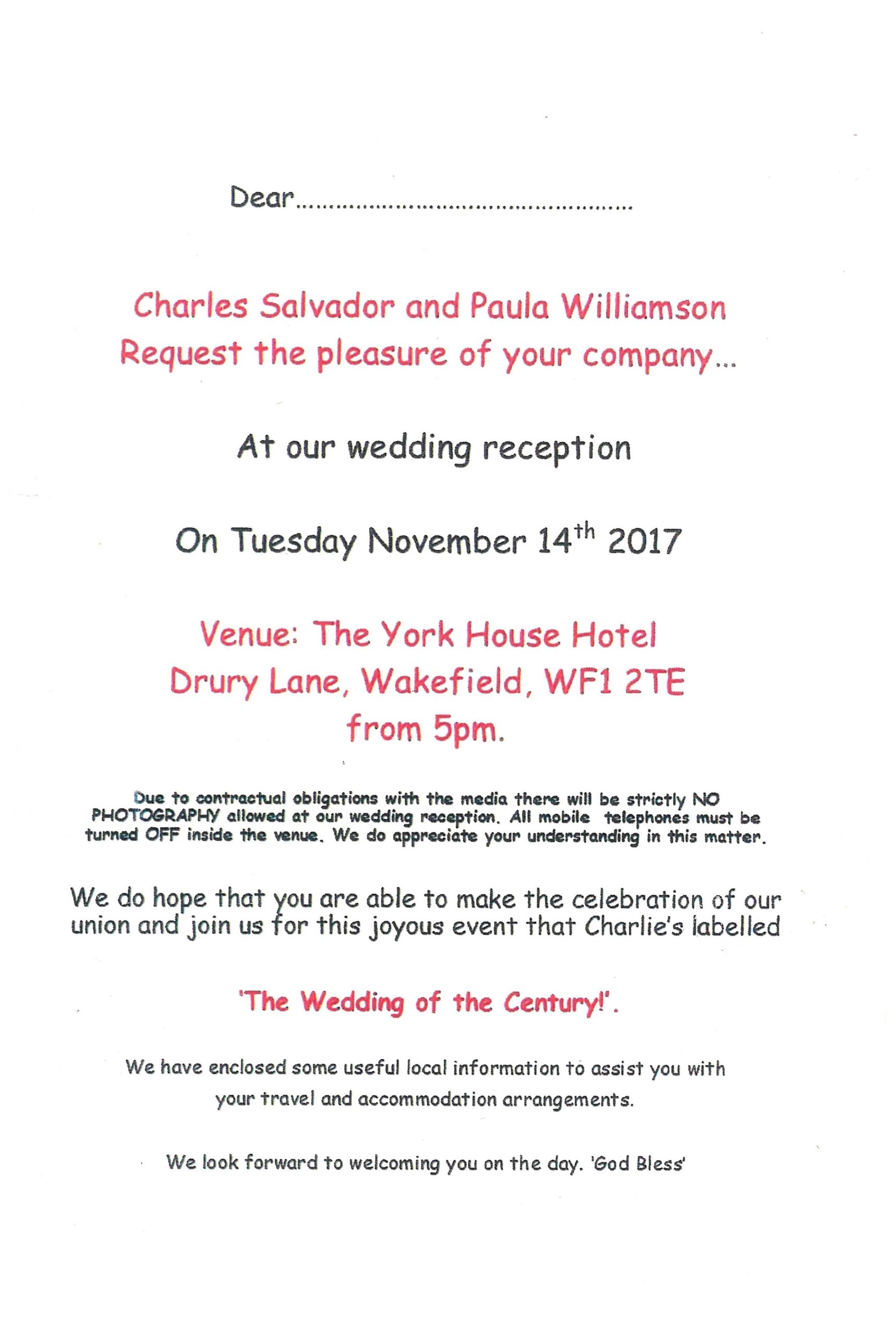 CHARLIE BRONSON SALVADOR WEDDING INVITATION - Image 3