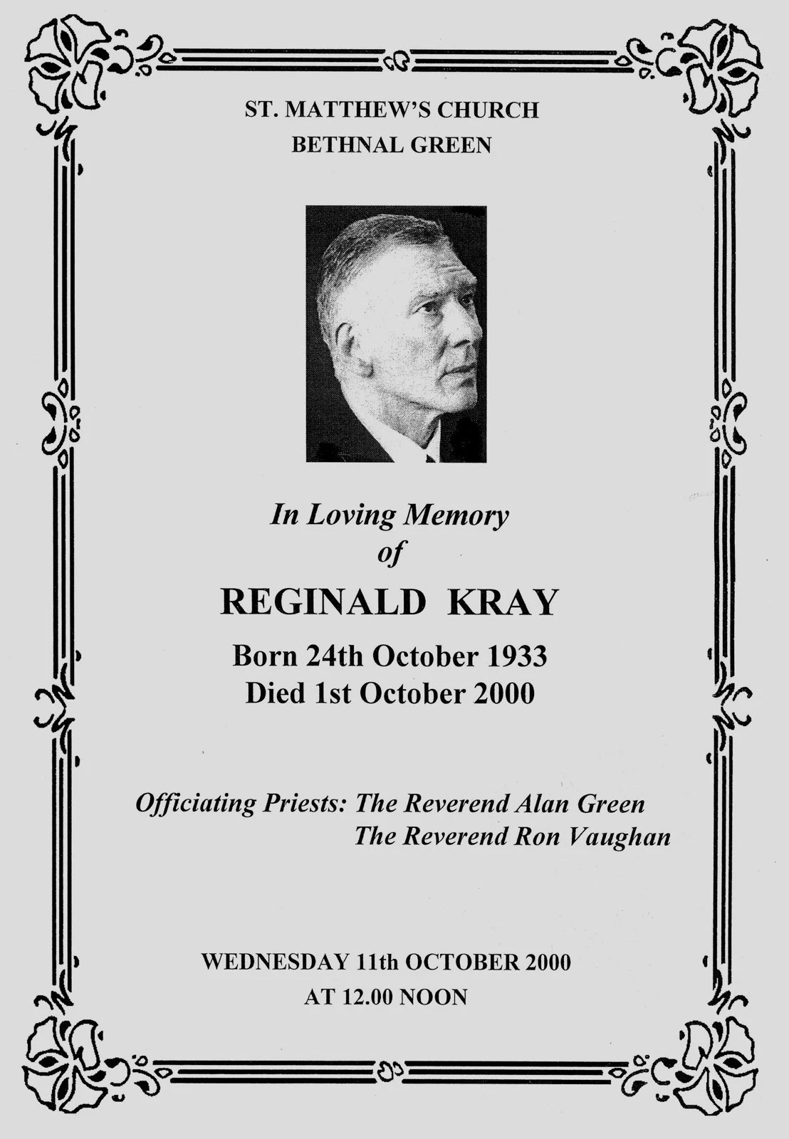 REG KRAY FUNERAL ORDER OF SERVICE (REPLICA) - Image 2