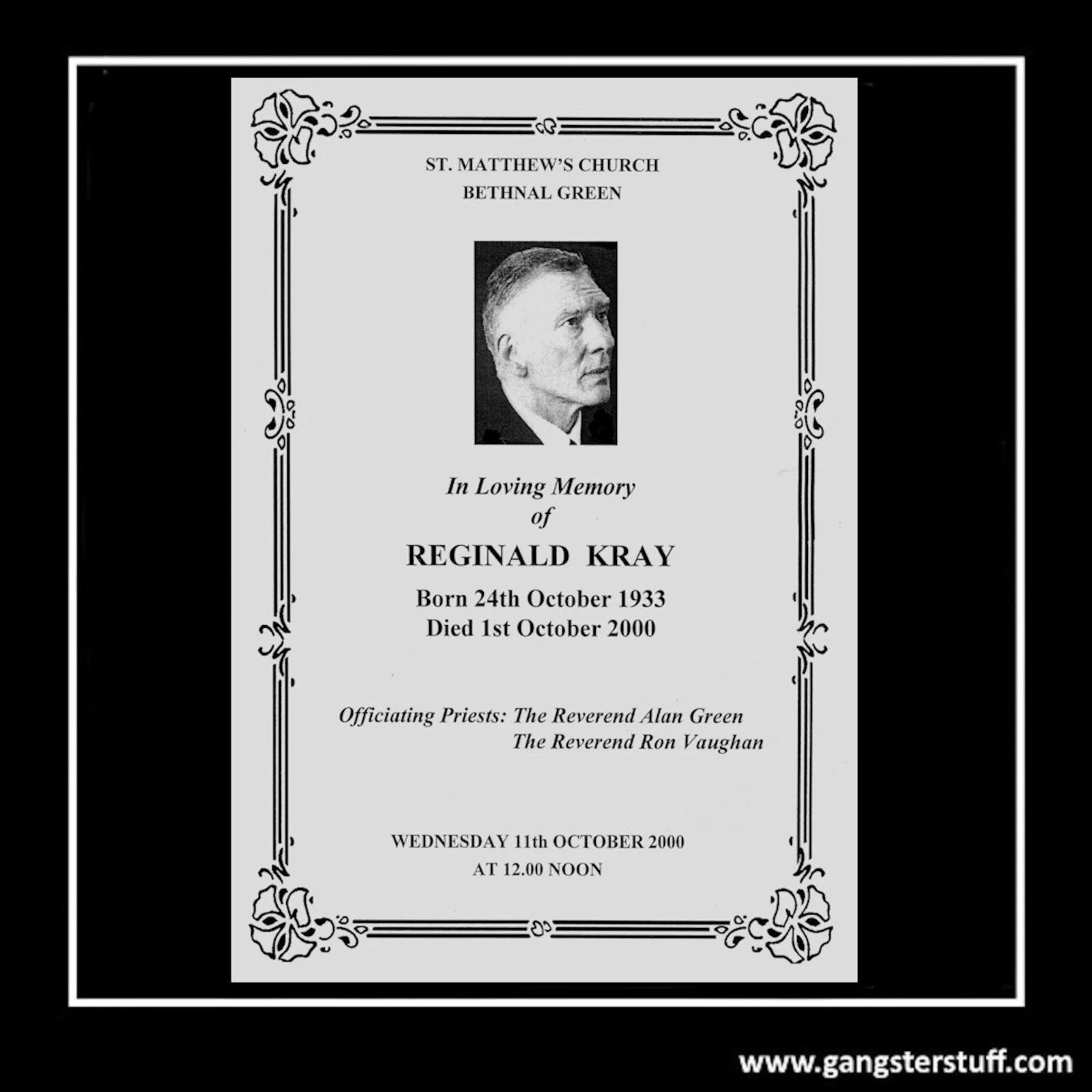 REG KRAY FUNERAL ORDER OF SERVICE (REPLICA)