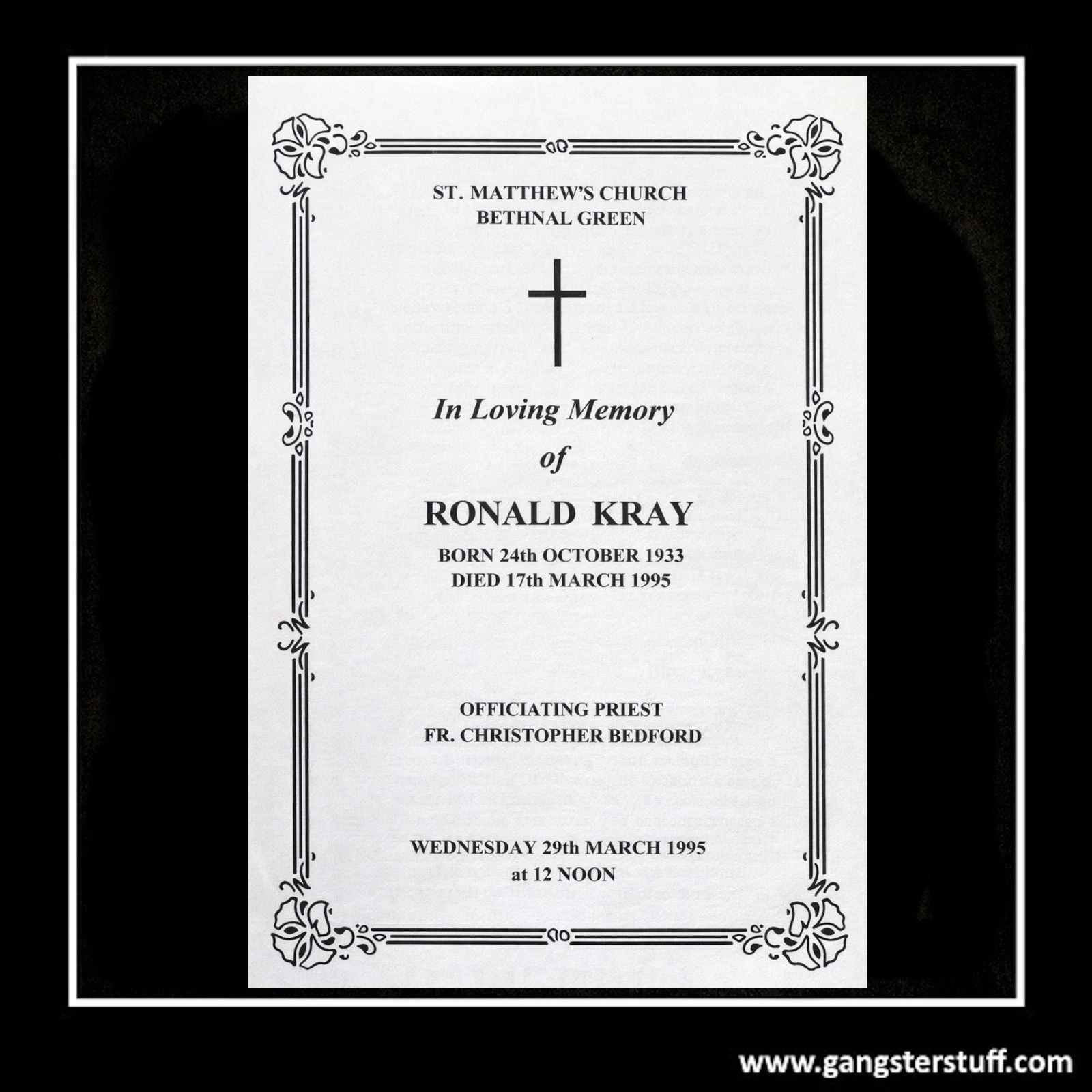RON KRAY FUNERAL ORDER OF SERVICE (REPLICA)
