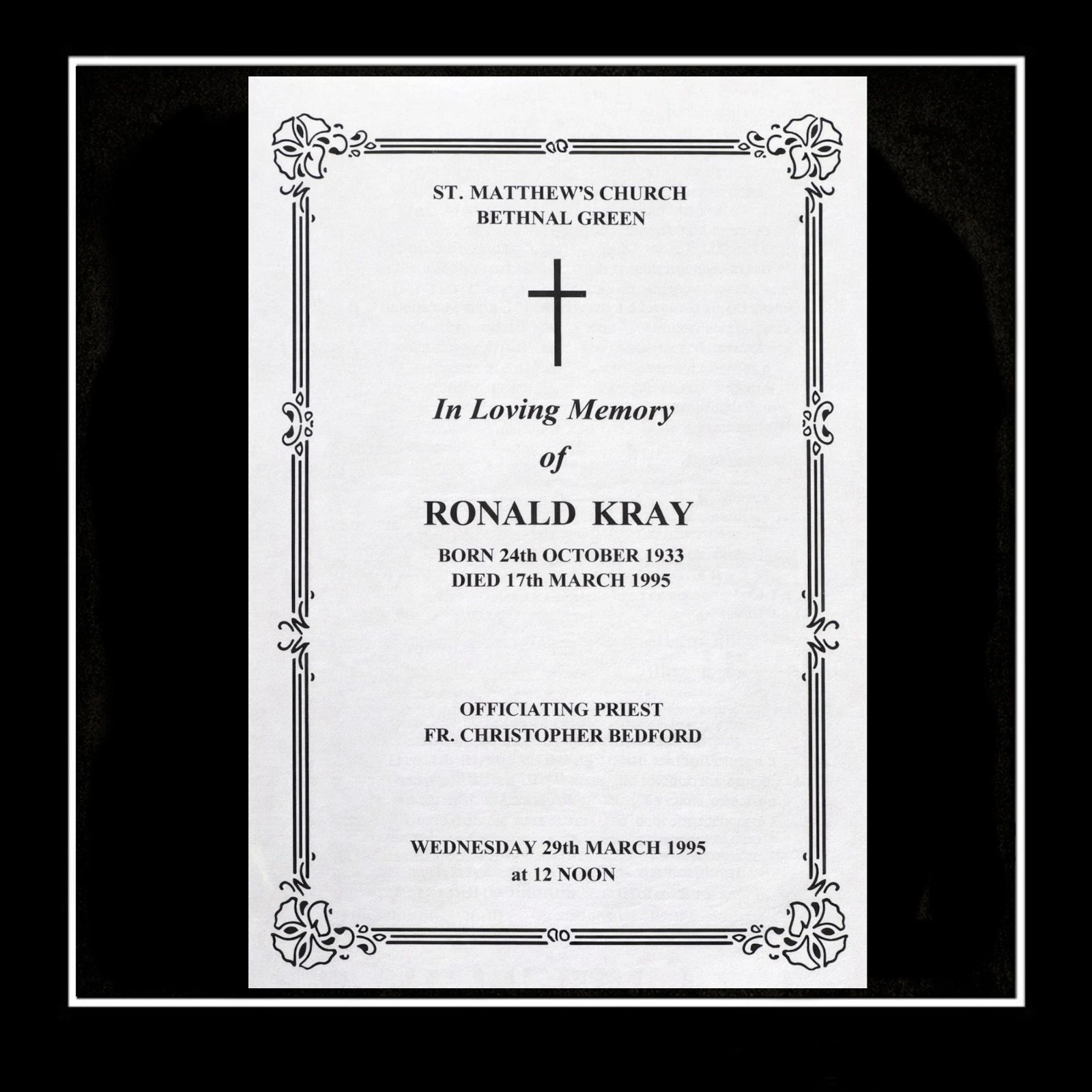 RON KRAY FUNERAL ORDER OF SERVICE (REPLICA) - Image 2