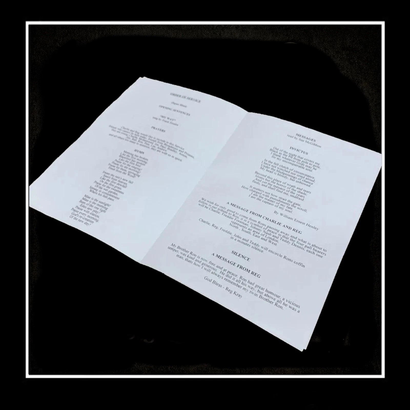 RON KRAY FUNERAL ORDER OF SERVICE (REPLICA) - Image 3
