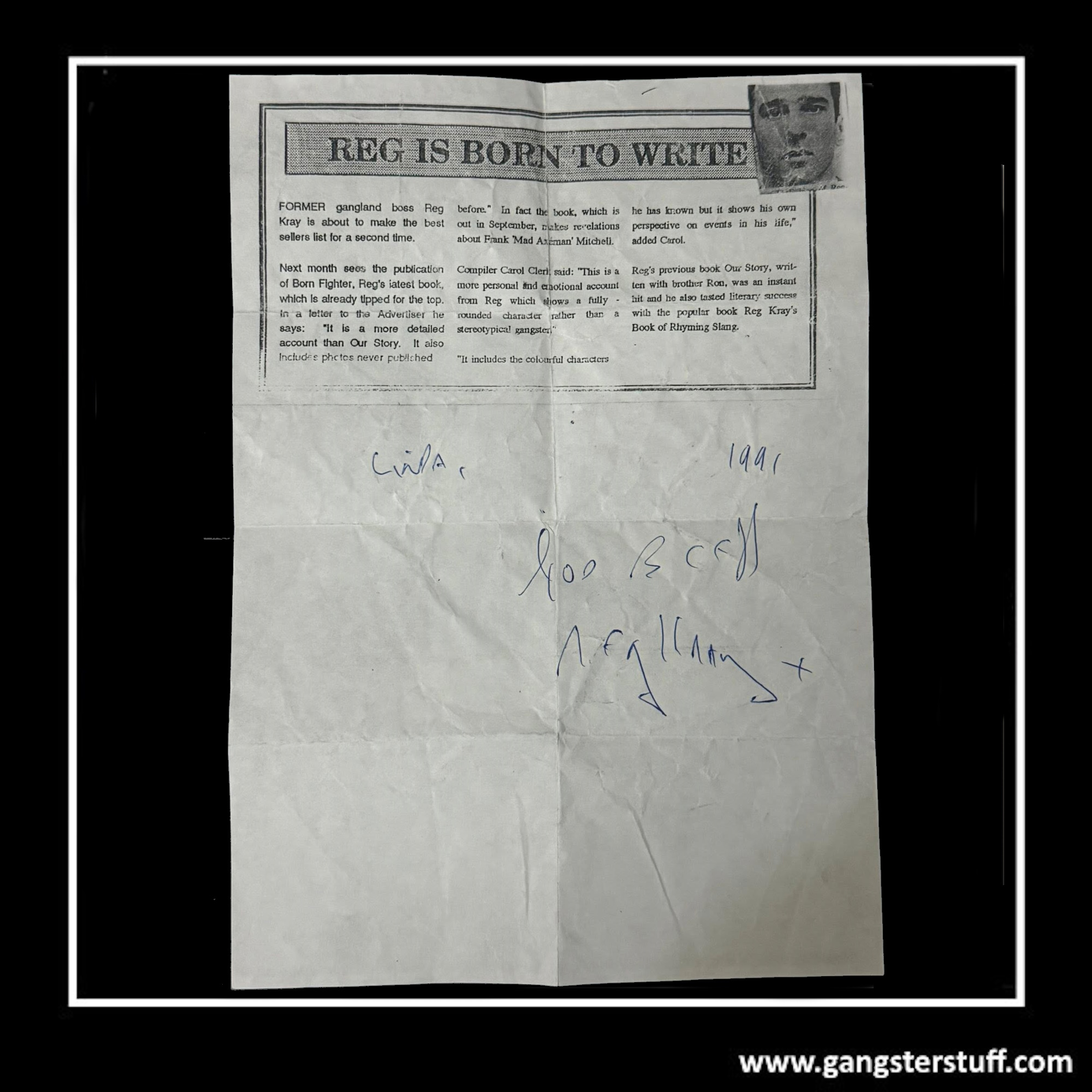 HAND SIGNED REG KRAY ‘BORN TO WRITE’ FLYER – FULL SIGNATURE