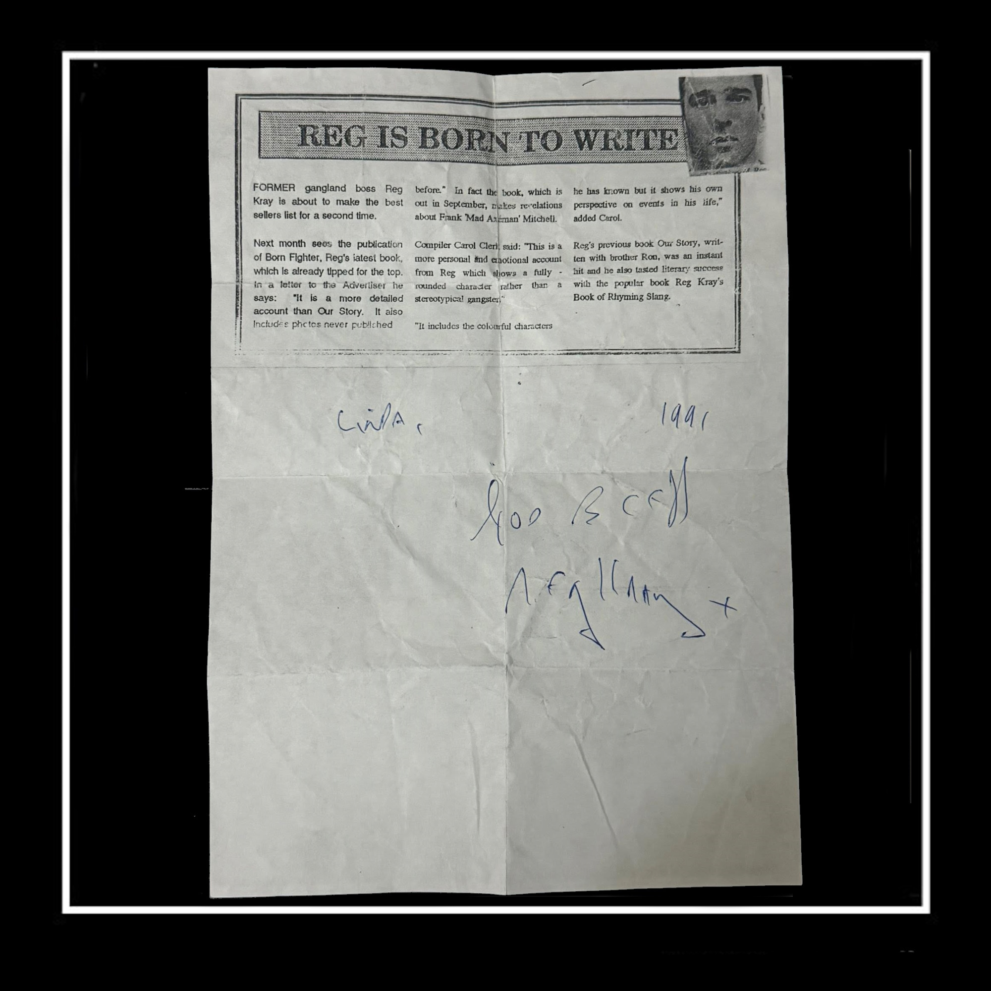 HAND SIGNED REG KRAY ‘BORN TO WRITE’ FLYER – FULL SIGNATURE - Image 2