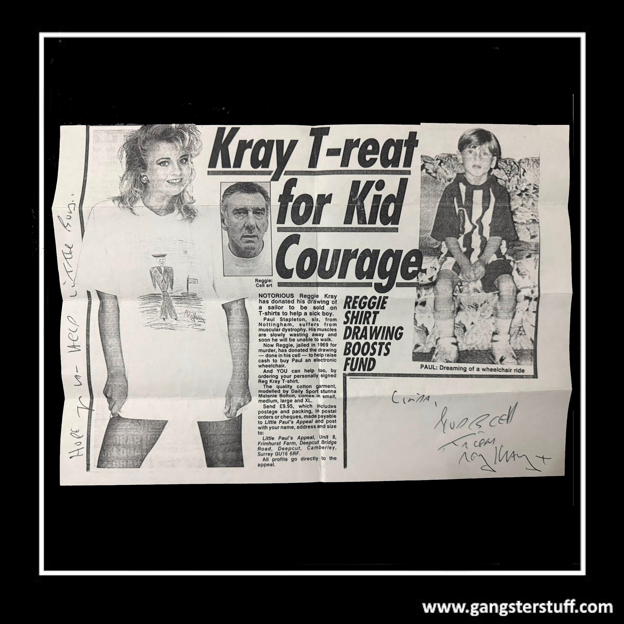 HAND SIGNED REG KRAY ‘KRAY TREAT’ NEWPAPER FLYER – FULL SIGNATURE