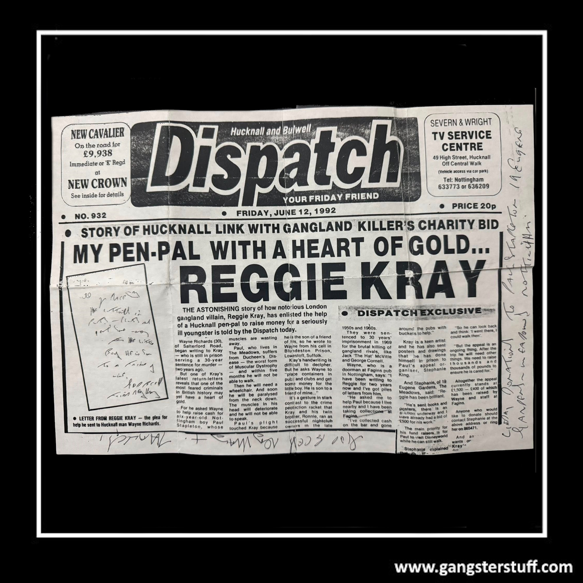HAND SIGNED REG KRAY 'DISPATCH' NEWPAPER FLYER - FULL SIGNATURE