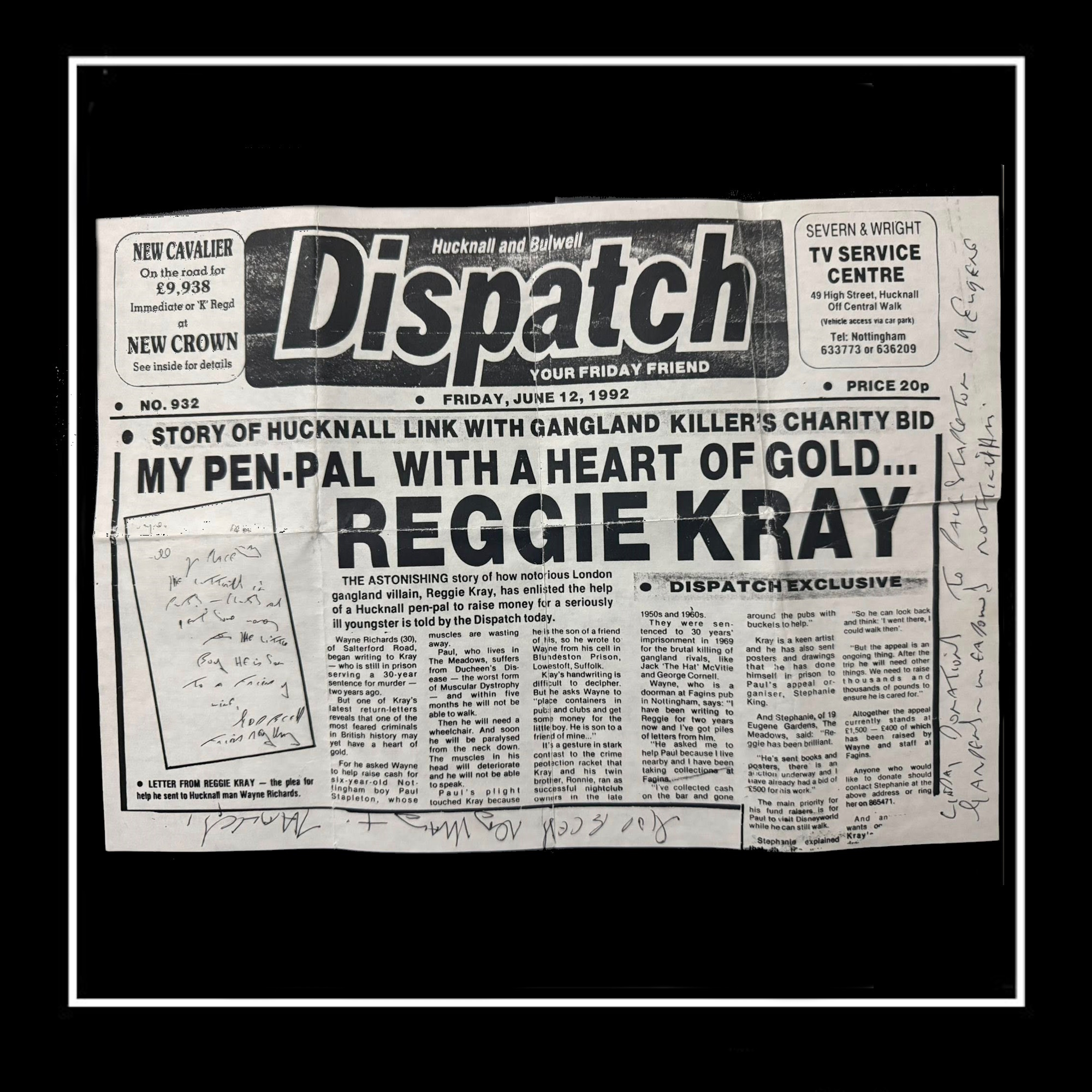 HAND SIGNED REG KRAY 'DISPATCH' NEWPAPER FLYER - FULL SIGNATURE - Image 2